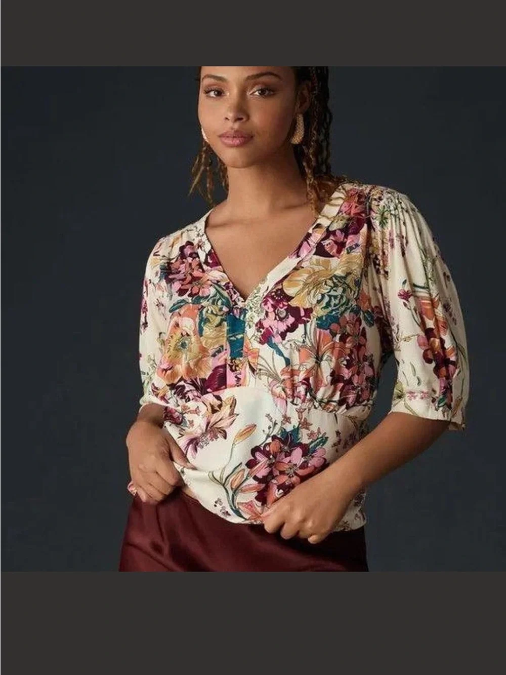 Anthropologie Tiny Adelaide Cream Floral V‑Neck Blouse with Smocked Puff Sleeves